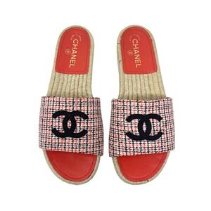 Chanel Logo Tweed Slide Espadrilles Sandals Orange Red White EU 40